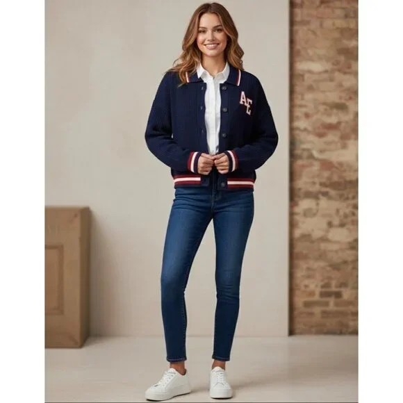NWT American Eagle Cropped Letterman Cardigan Jacket • Y2K Preppy Collegiate S/M - Picture 3 of 16